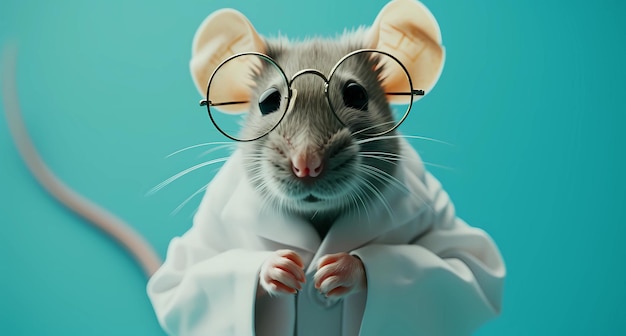 un ratón en una bata de laboratorio y gafas de pie