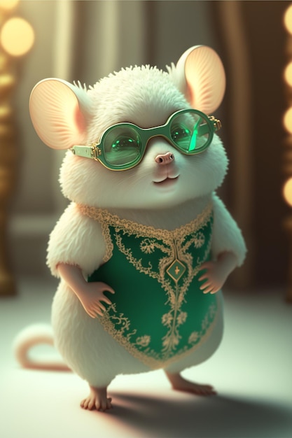 Ratón blanco con gafas de sol y un vestido verde generativo ai