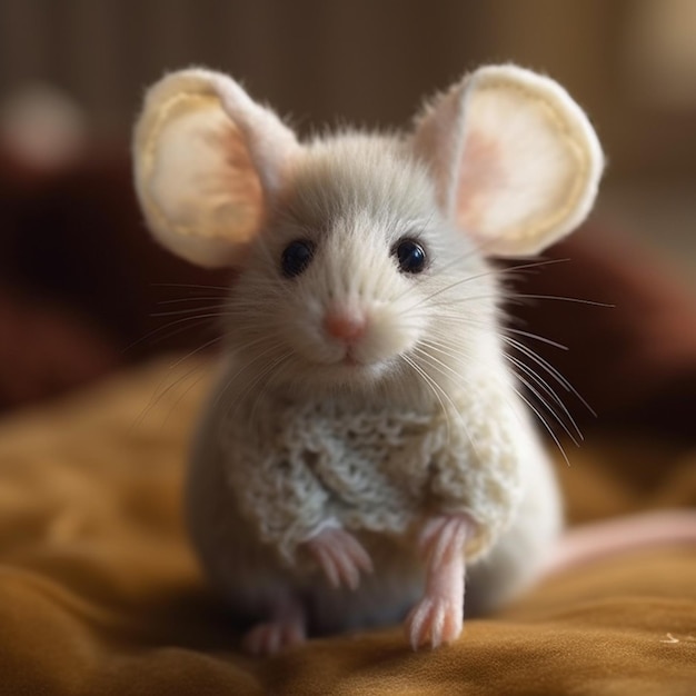 Un ratón blanco con un ojo morado está sentado sobre una manta.