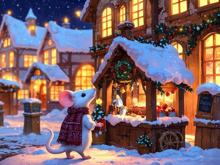 un ratón con una bolsa de regalos frente a una casa en invierno
