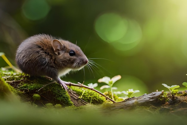 Un ratón en un bosque con hojas verdes y un fondo verde.