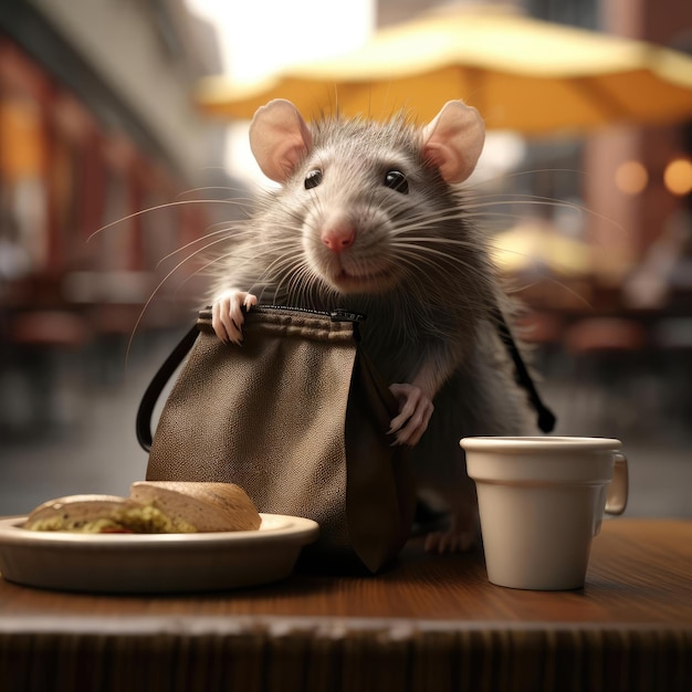 Ratón en un café en la mesa