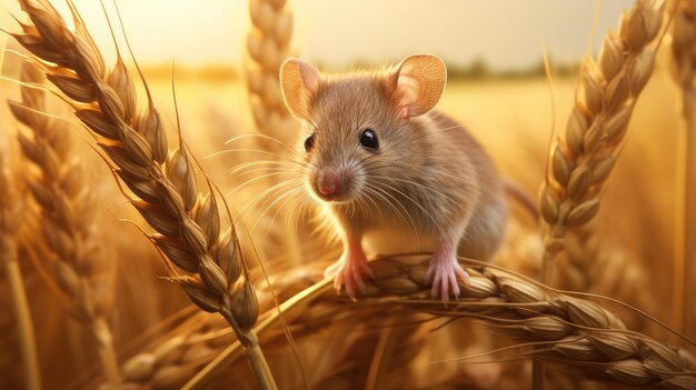 Foto un ratón de campo en su hábitat natural mordisqueando una cosecha de cereales la escena retrata el delicado equilibrio de la naturaleza y el ingenio del ratón