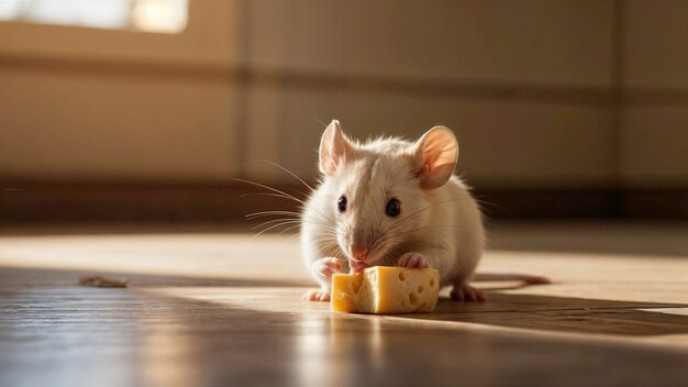 Foto un ratón comiendo una pieza de fruta con la boca abierta