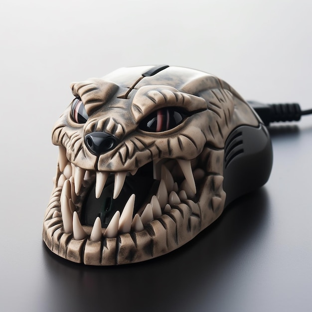 Ratón de computadora depredador en forma de cráneo aterrador con colmillos primer diseño creativo inusual