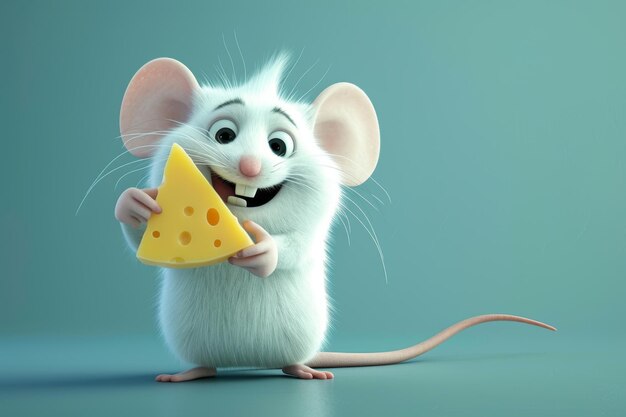 Foto un ratón de dibujos animados sostiene una rebanada de queso en un fondo azul ilustración 3d