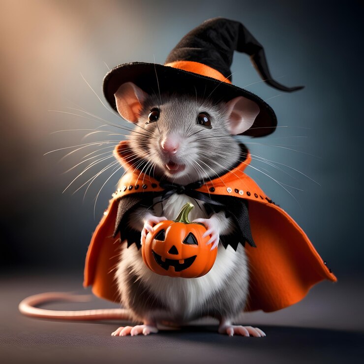 un ratón con un disfraz de Halloween con una calabaza en él