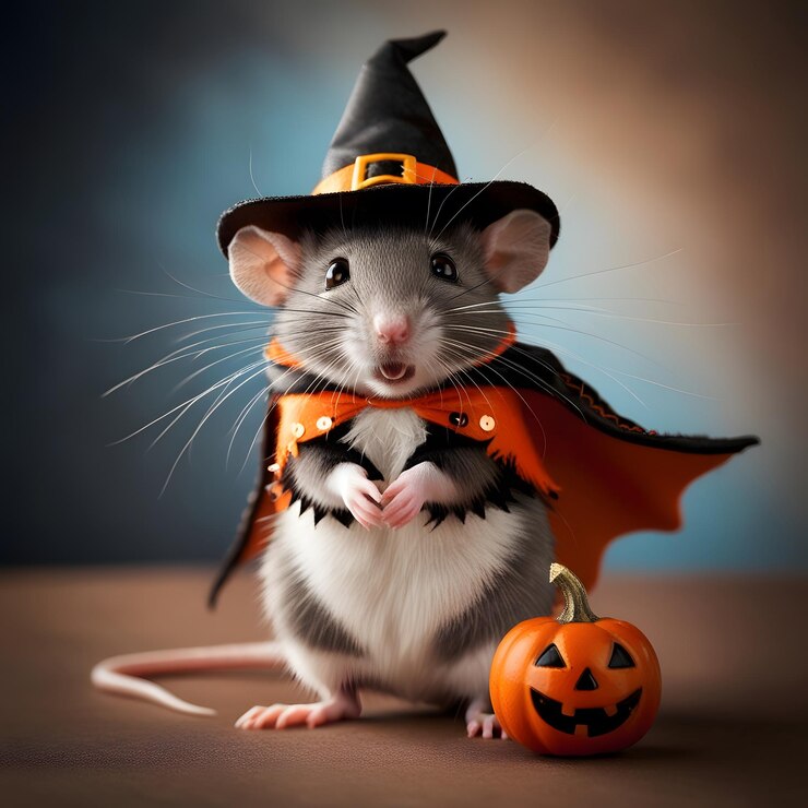 un ratón con un disfraz de Halloween se sienta al lado de una calabaza