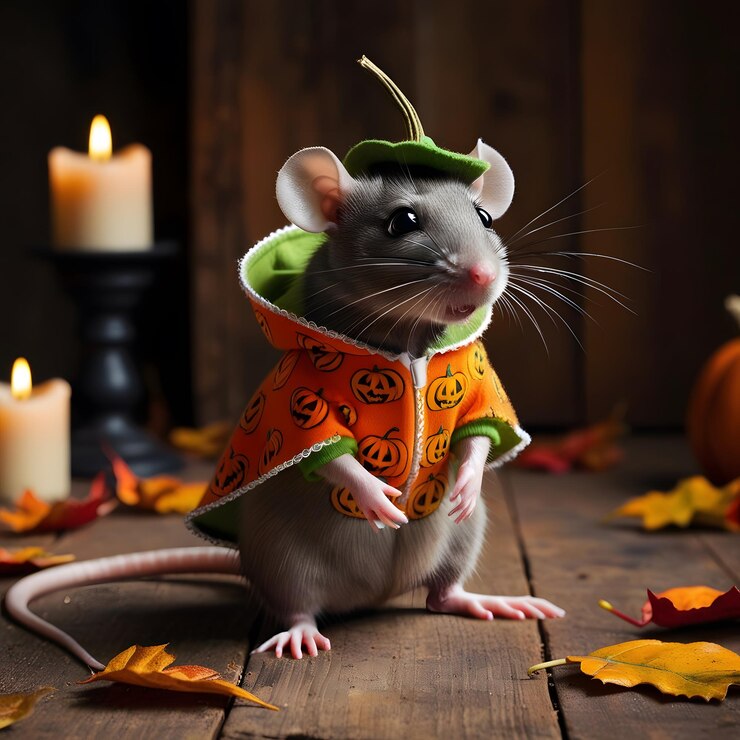 un ratón con un disfraz con las palabras Halloween en él
