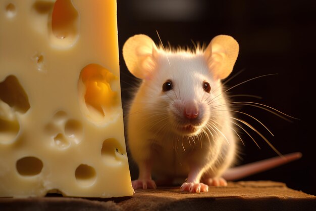 Un ratón está dentro de un pedazo de queso con un pedaco de queso