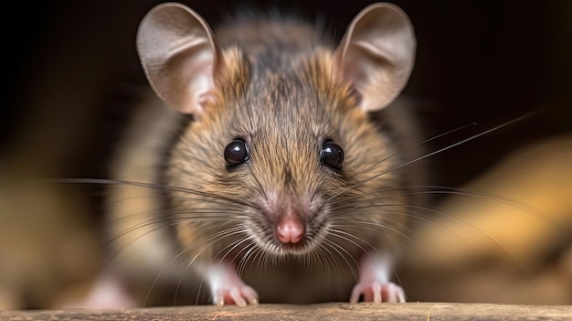 Un ratón está sobre una mesa frente a una ventana.