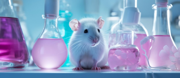 Un ratón experimental blanco vivo de laboratorio se sienta en pastillas