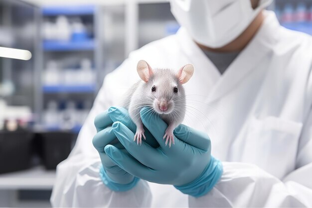 Foto un ratón experimental blanco vivo de laboratorio se sienta en pastillas