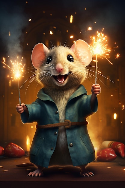 ratón feliz celebrando la víspera de Año Nuevo con chispas y fuegos artificiales