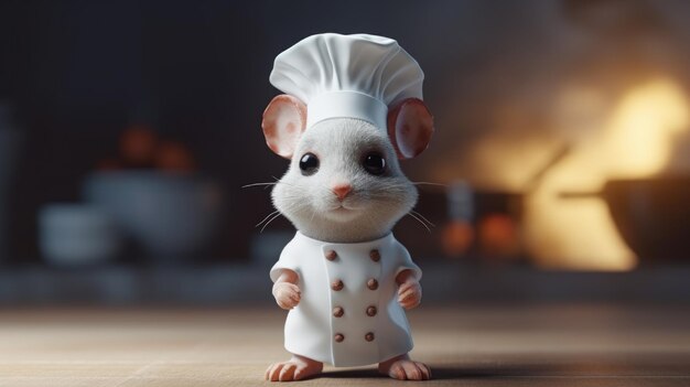 Un ratón con gorro de chef se para frente a una chimenea.