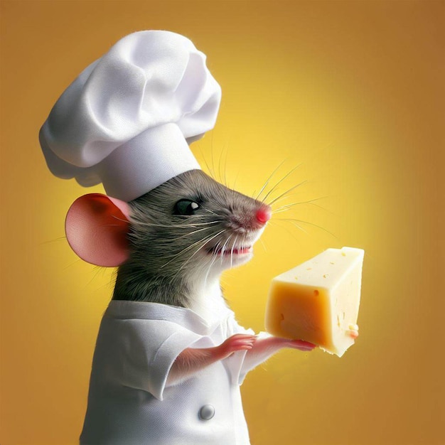 Un ratón con gorro de chef sostiene un trozo de queso