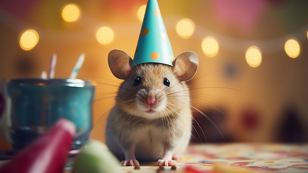 Ratón gracioso con sombrero de fiesta de cumpleaños en el fondo