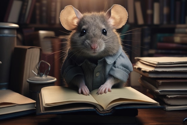 Foto un ratón gris con una sudadera está sentado con libros en la biblioteca el concepto de la preparación