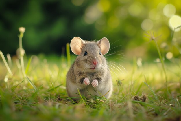 El ratón en la hierba verde exuberante