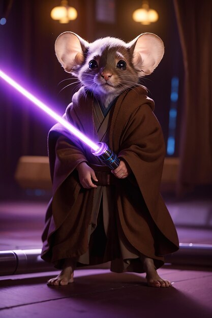 Foto un ratón jedi con botas marrones y túnicas jedi sosteniendo un sable de luz púrpura en la cantina de star wars