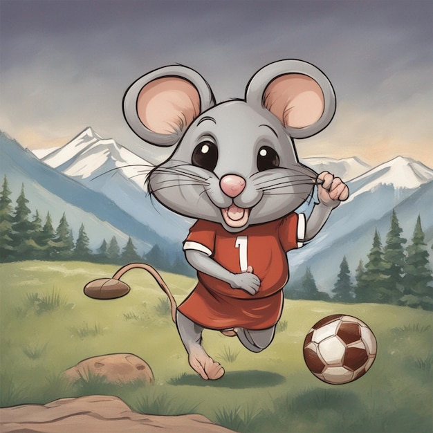 Ratón jugando al fútbol en las montañas arte generado por ai