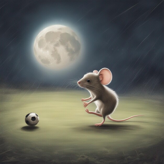 Ratón jugando con fútbol foto de fondo de la luna generada por ai