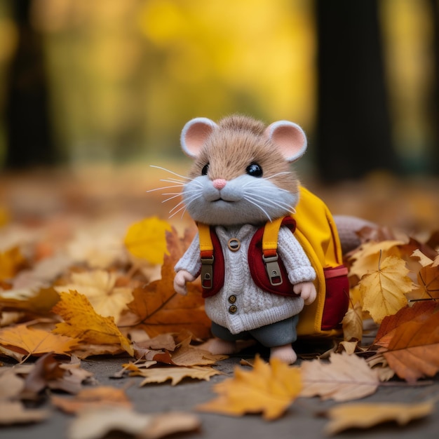 Foto un ratón de juguete con una mochila parada entre las hojas