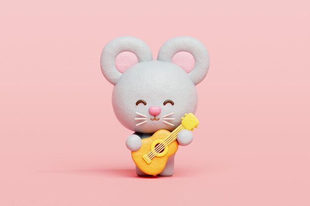 Ratón lindo en 3D tocando la guitarra Personaje animal de dibujos animados renderización en 3D