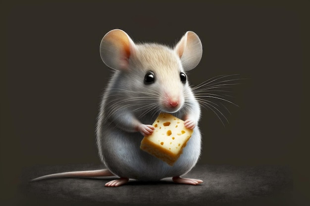 Ratón lindo beige blanco comiendo queso sobre fondo gris oscuro ai generativo