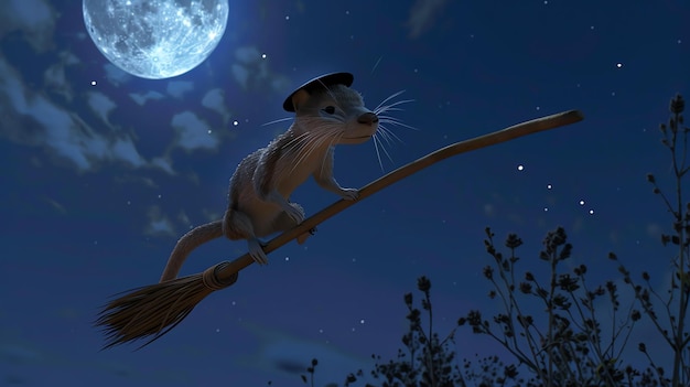 Un ratón lindo y esponjoso está volando en una escoba en el cielo nocturno El ratón lleva un sombrero puntiagudo y tiene una mirada decidida en su cara