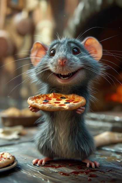 Un ratón lindo feliz con una pizza en sus manos ilustración 3D