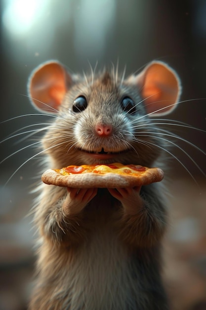 Un ratón lindo feliz con una pizza en sus manos ilustración 3D