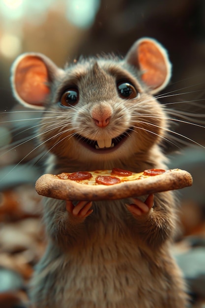 Un ratón lindo feliz con una pizza en sus manos ilustración 3D