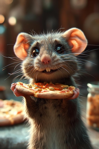 Un ratón lindo feliz con una pizza en sus manos ilustración 3D