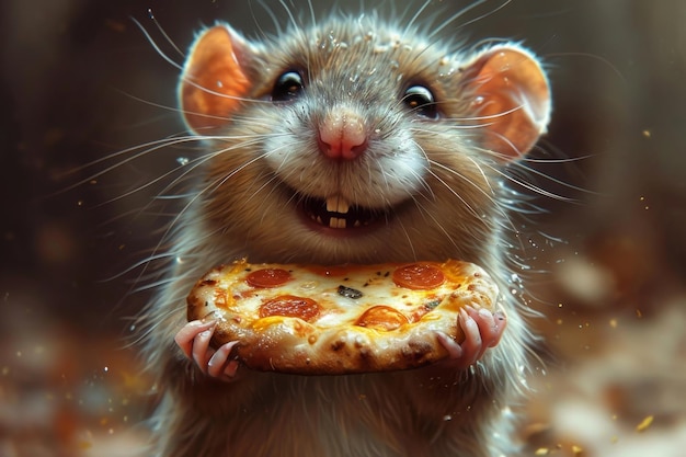 Un ratón lindo feliz con una pizza en sus manos ilustración 3D