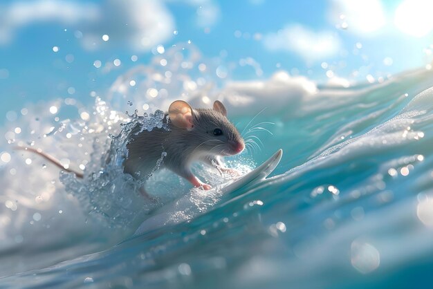 Foto ratón literalmente surfeando en las olas del mar