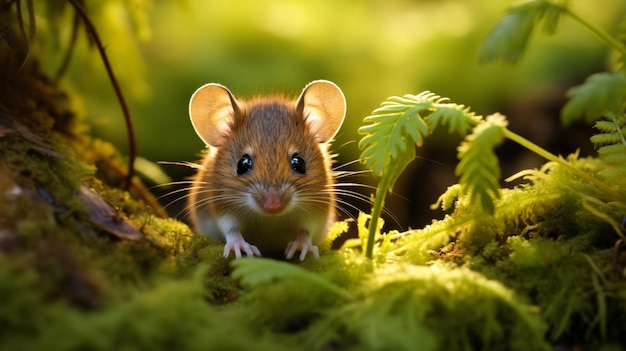 Un ratón de madera salvaje descansa en el suelo del bosque con exuberante