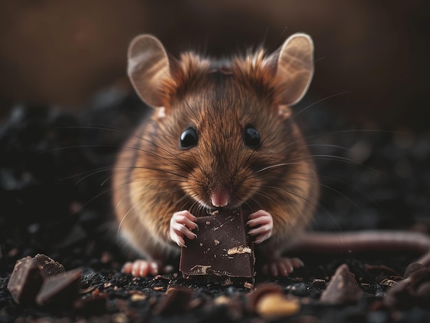 Un ratón marrón comiendo chocolate