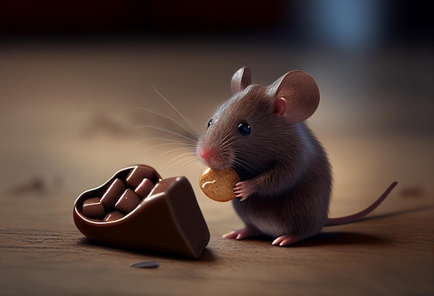 Foto ratón marrón con dulces de chocolate sobre fondo oscuro 3d ilustración generativa ai