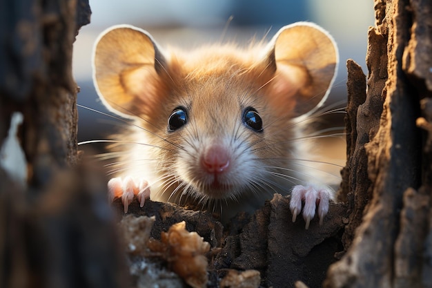 El ratón mira por un agujero un roedor en un campo IA generativa