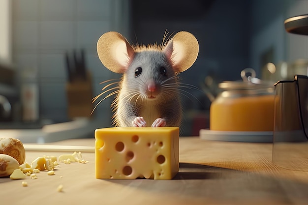 Un ratón mira un trozo de queso.