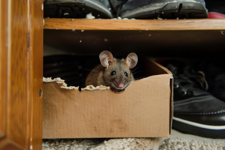 Un ratón mirando desde un agujero en una caja de zapatos en un armario