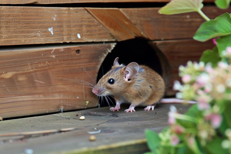 Ratón mirando desde un agujero en un cobertizo de jardín de madera