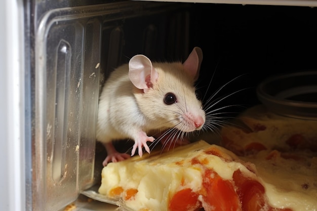 Foto el ratón mordisqueando las sobras de pizza en el refrigerador.