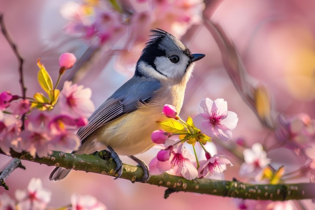 un ratón pájaro sentado en el jardín entre las ramas florecientes de la flor de cereza rosa en primavera