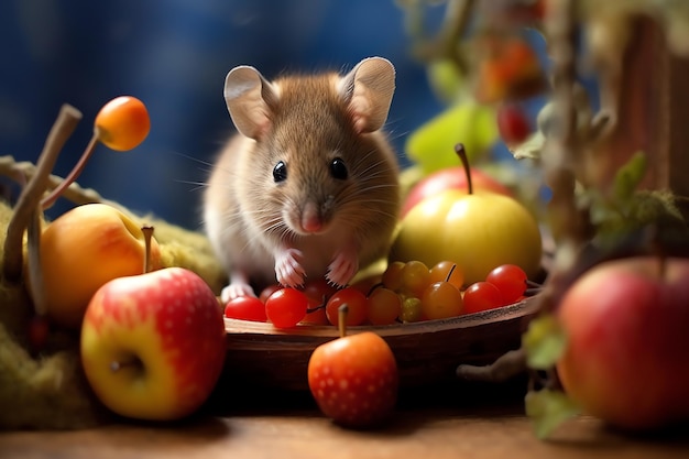 Foto un ratón en un plato de frutas.