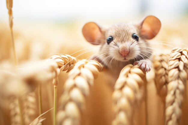 Foto ratón de primer plano con grano de trigo en las patas