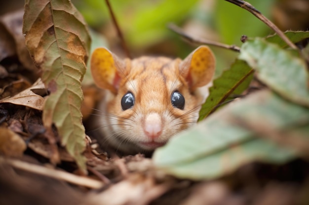 Foto ratón protegido en un suelo de bosque de hojas mixtas