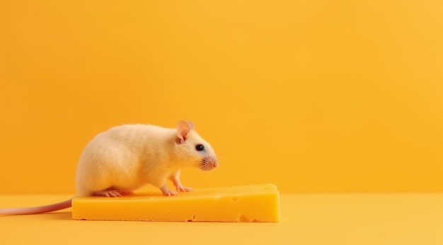 Ratón y queso sobre fondo amarillo creados con tecnología de IA generativa