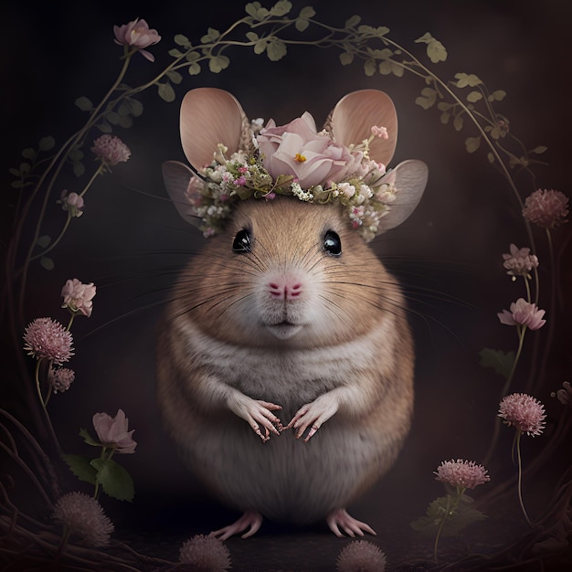 Foto ratón roedor con flora floral corona de flores florecientes